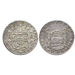 Lima, Peru, pillar 8 reales, Charles III, 1768JM, dot over left mintmark only.