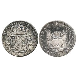 Lima, Peru, pillar 8 reales, Charles III, 1772JM, last year of issue.