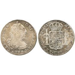 Lima, Peru, bust 8 reales, Charles IV transitional (bust of Charles III, ordinal IV), 1790IJ.