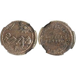 Lima, Peru, copper 1/8 peso, 1823V, provisional coinage, encapsulated NGC AU 55 BN, finest known spe