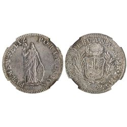 Lima, Peru, 2 reales, 1825JM, encapsulated NGC MS 63, finest (and only) known specimen graded by NGC
