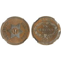 Lima, Peru, copper 1 centimo pattern, 1855, encapsulated NGC MS 64 BN, finest (and only) known speci