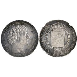 Sweden, riksdaler, Carl XIV Johan, large bust variety, 1823CB, encapsulated NGC AU 58, tied for fine