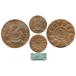 USA, copper "fugio cent," 1787, 4 cinquefoils, STATES UNITED, pointed rays, encapsulated PCGS MS64BN