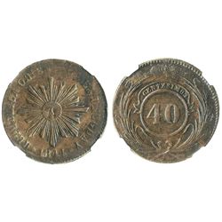Uruguay, copper 40 centesimos, 1844, male sunface, encapsulated NGC VF 30 BN.