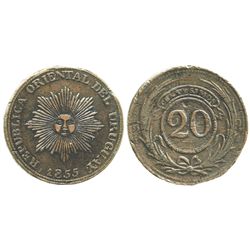Uruguay, copper 20 centesimos, 1855.