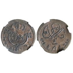 Caracas, Venezuela, copper 1/4 real, 1817, small date, encapsulated NGC XF 40.