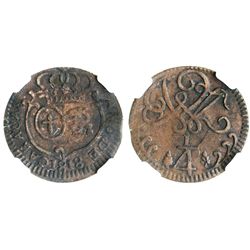 Caracas, Venezuela, copper 1/4 real, 1818, small date, encapsulated NGC XF 40 BN.