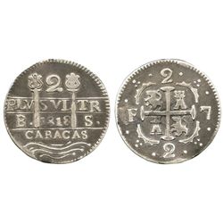 Caracas, Venezuela, 2 reales, 1818BS (struck in 1830), F-7 flanking cross, quadrants of cross transp