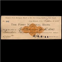 1874 FNB Redbank NJ Railroad Mortagage Check (COI-3270)