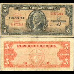 1950 Cuba 5 Peso Note Circulated (CUR-06374A)