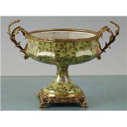 GREEN PORCELAIN BOWL W/ BRASS ACCENTS