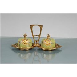 PORCELAIN & BRASS SERVING TRAY W/ LIDS