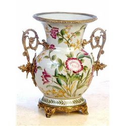 PORCELAIN FLORAL VASE W/ BRASS ACCENTS