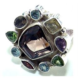 Silver and Mixed Stones & Smokey Quartz  Ring