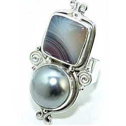 Silver and Agate & Pearl Ring