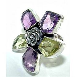 Silver and Lemon Quartz & Amethyst Ring