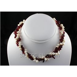 317.89CTW 16" RED-WHITE FRESHWATER PEARL AND CHIPPED ST