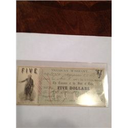 1861 $5 TREASURY WARRANT MILITARY SERVICE