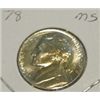 Image 1 : 1978 JEFFERSON NICKEL *RARE MS HIGH GRADE - NICE COIN*!!