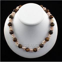 313.95CTW 18" TIGER EYE FRESHWATER PEARL WITH CORAL NEC