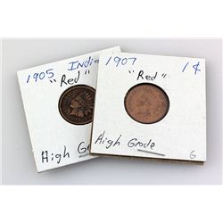 Red Indian Pennies (1905 & 1907) High Grade - 2 pcs.