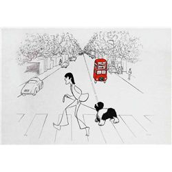 Al Hirschfeld, Paul McCartney and Martha crossing Penny Lane, Lithograph