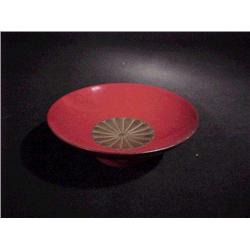 Japanese, red and silver lacquer sake cup wit