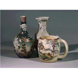 Group of three, old Japanese pottery items: S