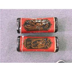 Pair antique, Chinese lacquer pillows, one wi