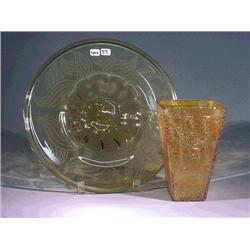 Large old, amber-color engraved glass bowl, s