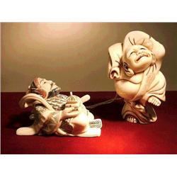 Two okimono-size, carved ivory netsuke: stand