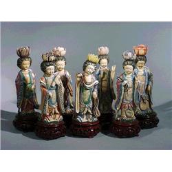 Set of seven, Chinese carved and polychromed