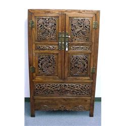 Old, Chinese elmwood storage cabinet with car
