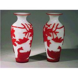 Pair of well-carved, Chinese red overlay on w
