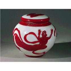 Well-carved, Chinese red overlay on white Pek