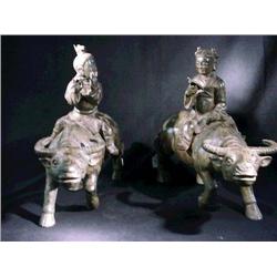Pair of Chinese, bronze models of figures on