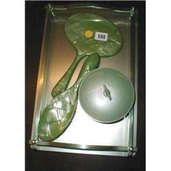 An Art Deco green part dressing table set...