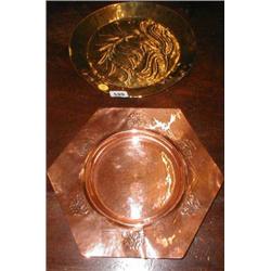 A Beaten copper Art Nouveau plate together...