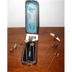 A quantity of tie pins, mostly 9ct...