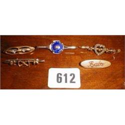 Five gold bar broaches (only one with hall...