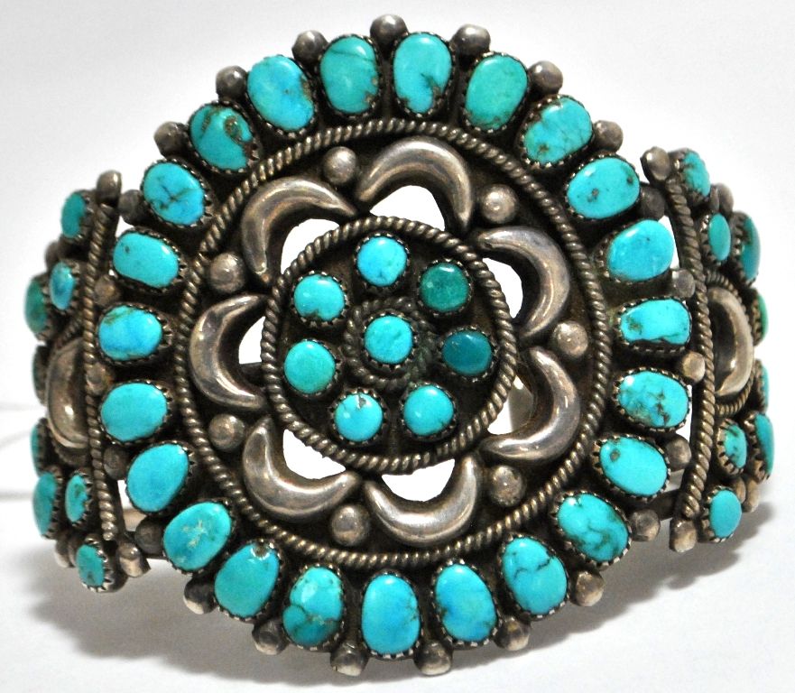Vintage Old Pawn Turquoise Needlepoint Sterling Silver Cuff Bracelet