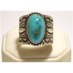 Old Pawn Navajo Turquoise Sterling Silver Men's Ring - Henry Sam