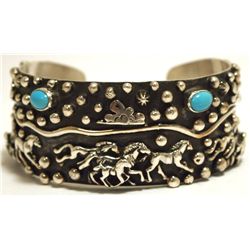 Navajo Turquoise Sterling Silver Horses Cuff Bracelet - Leroy James