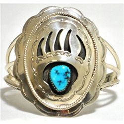 Navajo Turquoise Sterling Silver Bear Paw Cuff Bracelet - Running Bear