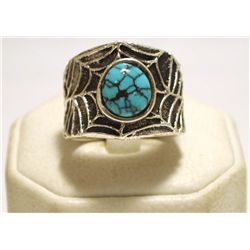 Navajo Spider Web Turquoise Sterling Silver Tufacast Men's Ring - Philander B Begay