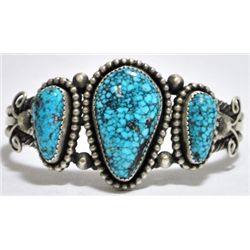 Old Pawn Navajo Spider Web Kingman Turquoise Sterling Silver Cuff Bracelet - Nelvin Burbank