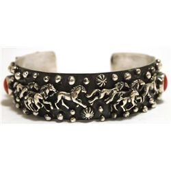 Old Pawn Navajo Coral Sterling Silver Horses Cuff Bracelet - Emer Thompson