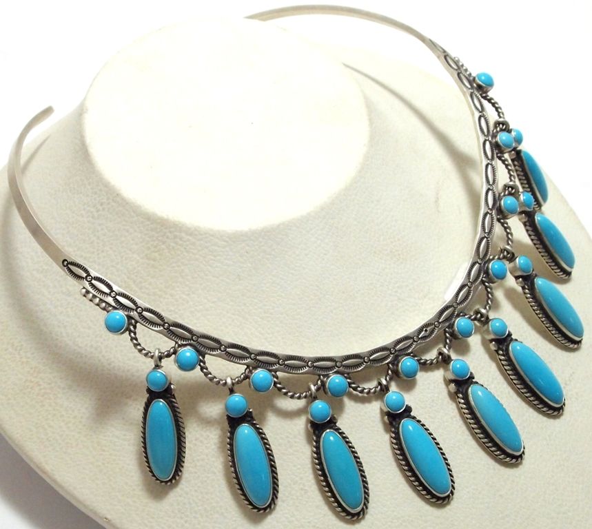 Navajo Turquoise Pendants Sterling Silver Collar Necklace Herman Smith