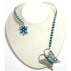 Navajo Turquoise Flower & Butterfly Sterling Silver Collar Necklace - Herman Smith